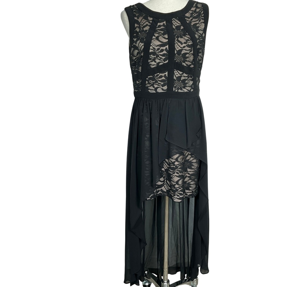 Morgan & Co Dress Women 13/14 Black Beige‎ Lace Hi-Low Whimsy Goth Party Formal